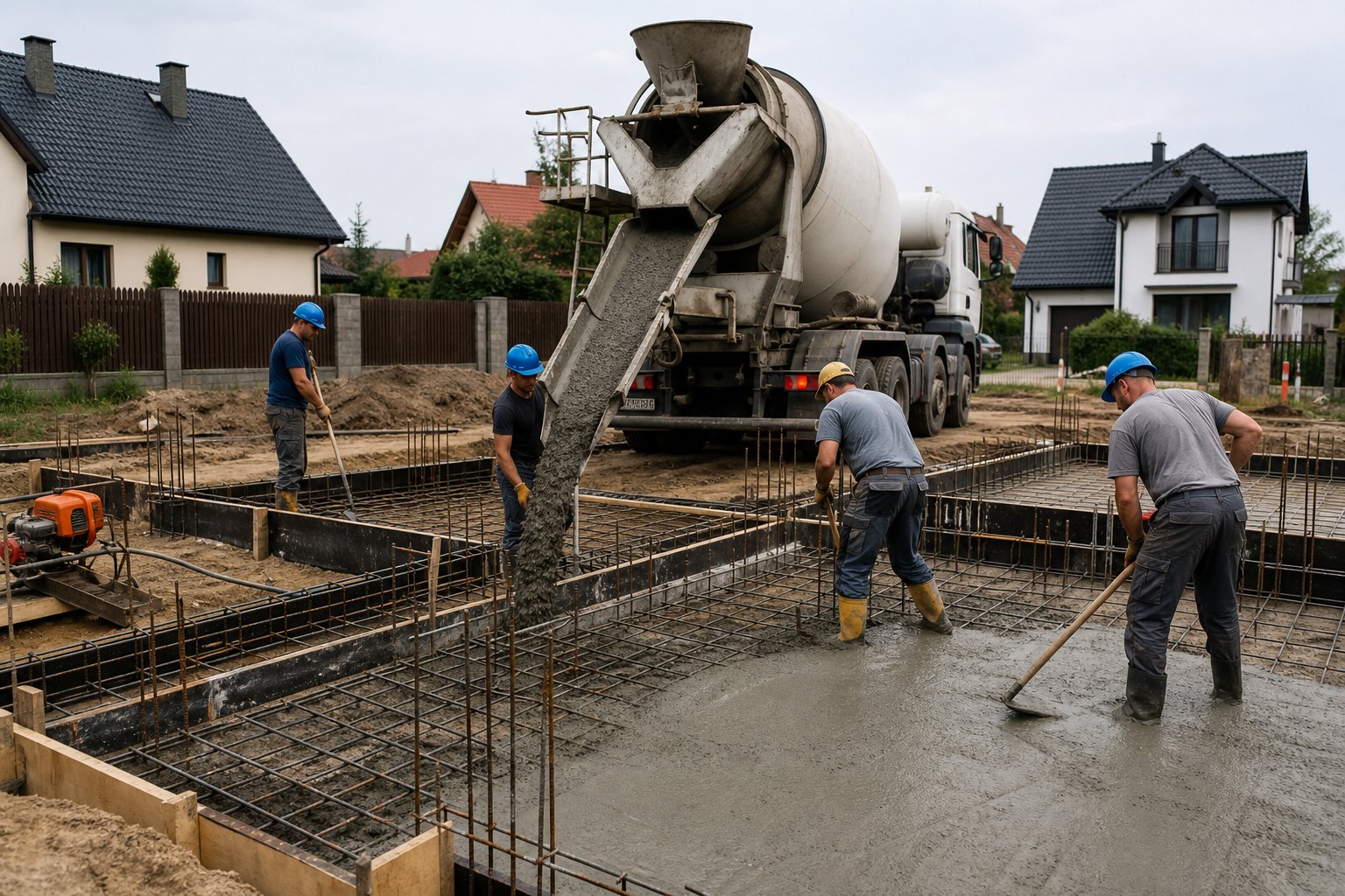 Ekipa budowlana wylewa beton w fundamenty domu jednorodzinnego