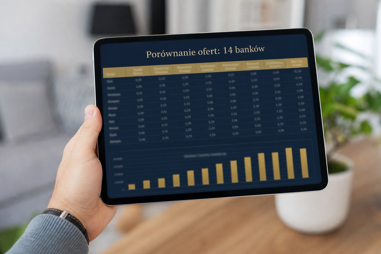 Tablet z zestawieniem porównania ofert czternastu banków