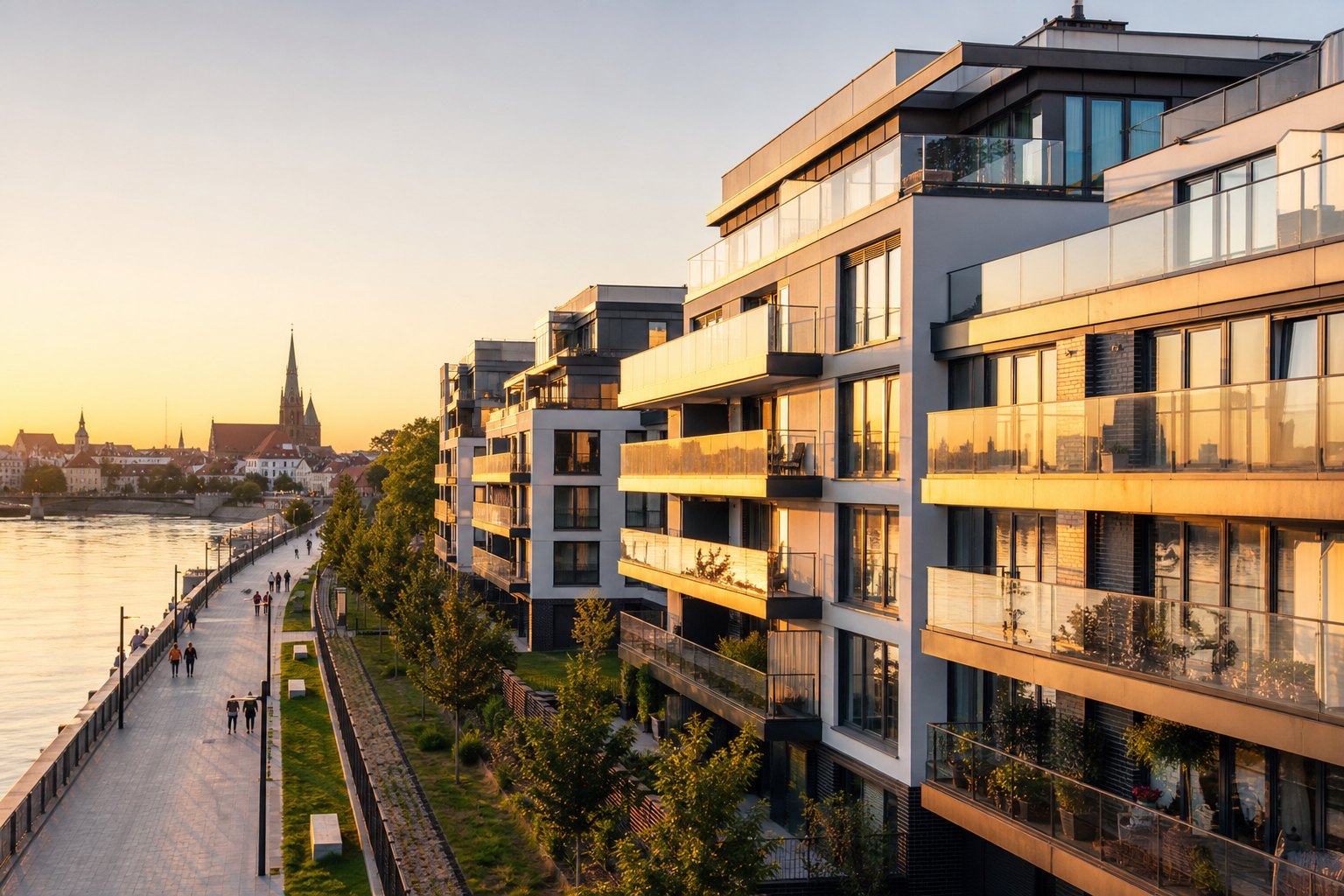 Nowoczesne apartamentowce nad rzeką w złotej godzinie