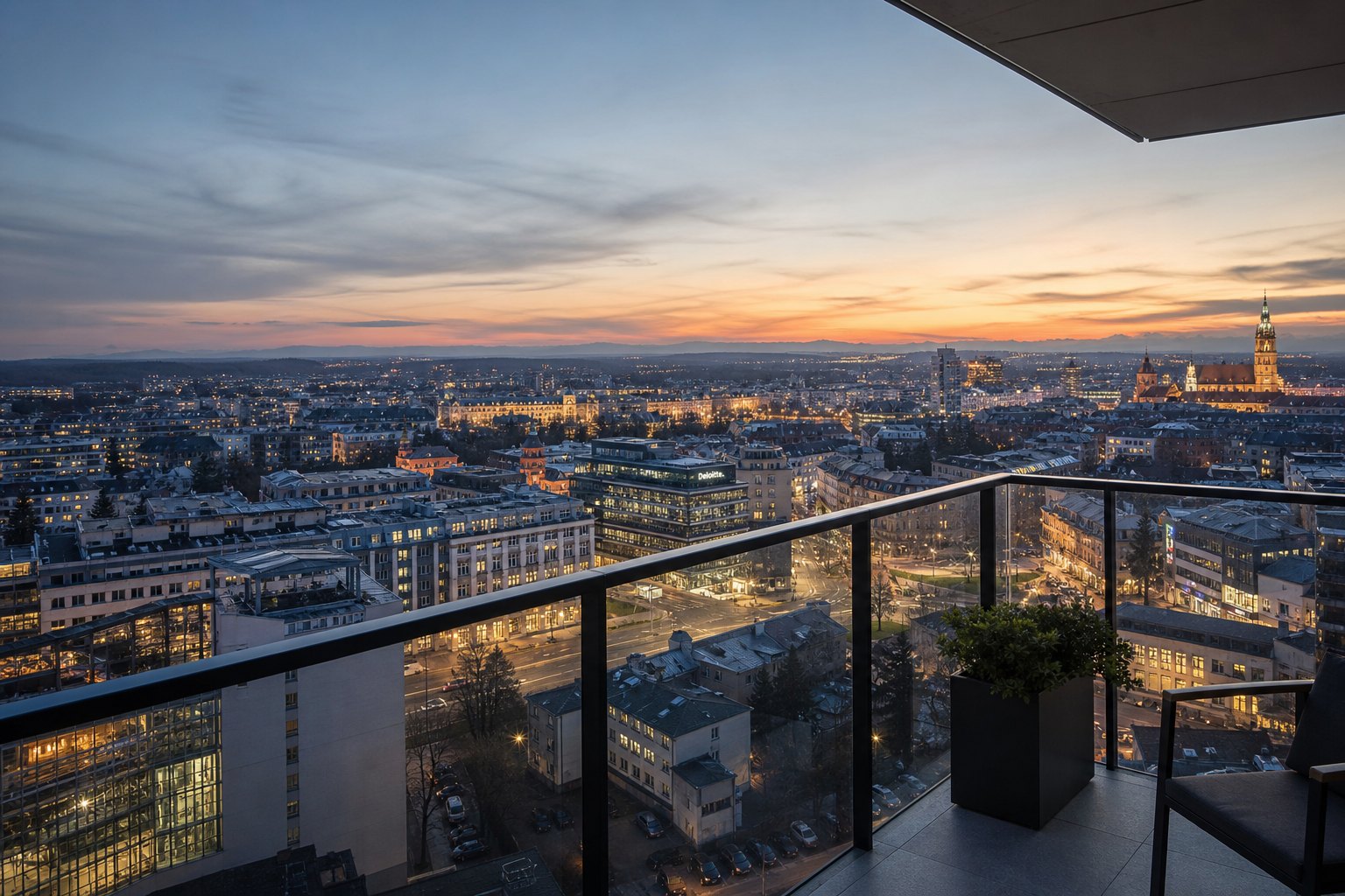 Widok z balkonu apartamentu na wieczorną panoramę centrum miasta