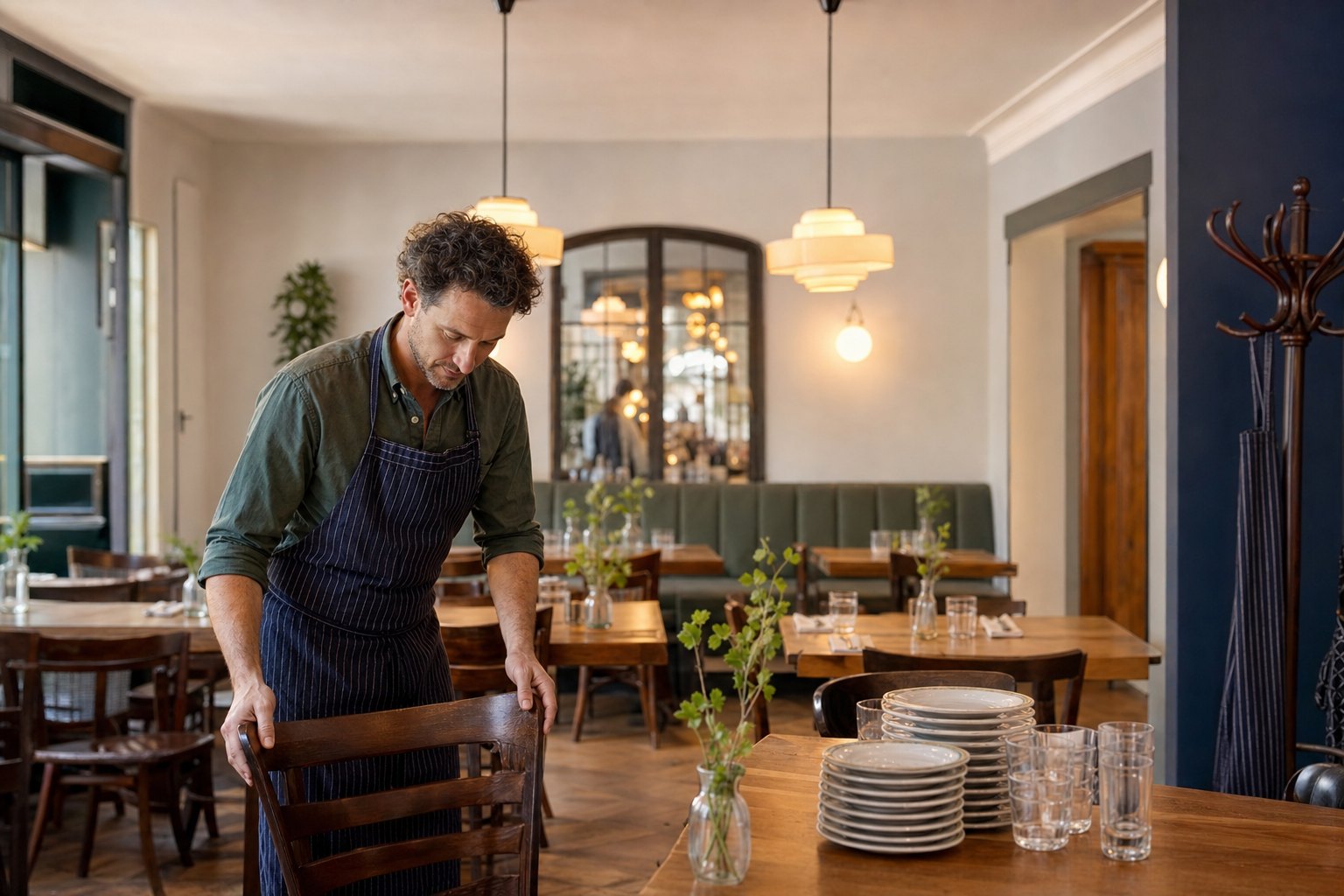 Restaurator ustawia krzesła w swoim nowo wykończonym bistro