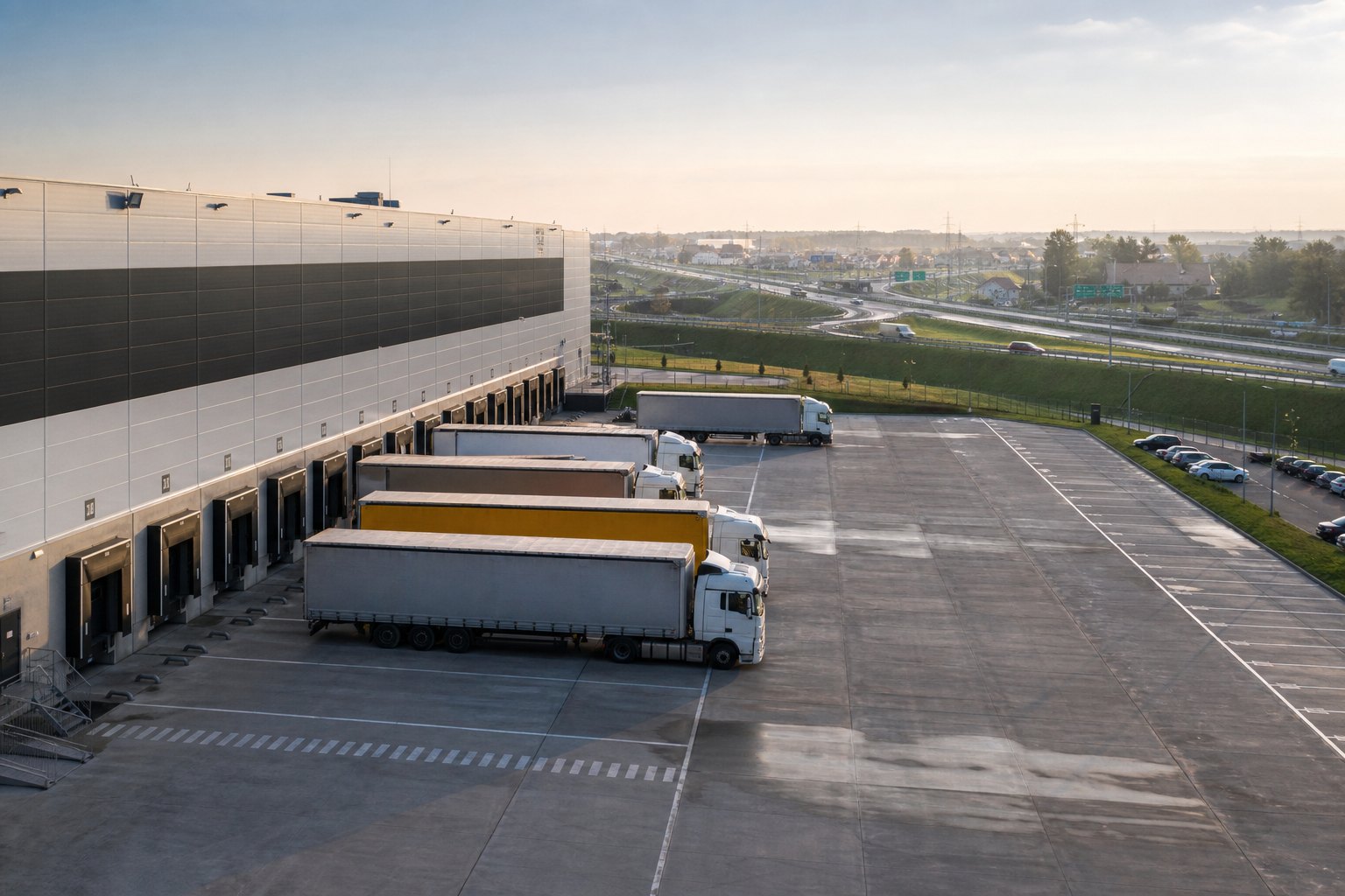 Park logistyczny z ciężarówkami przy rampach załadunkowych