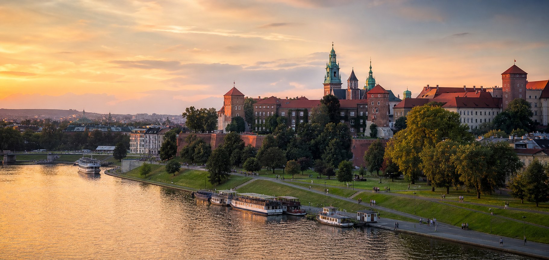 Panorama Krakowa z Wawelem nad Wisłą w złotej godzinie