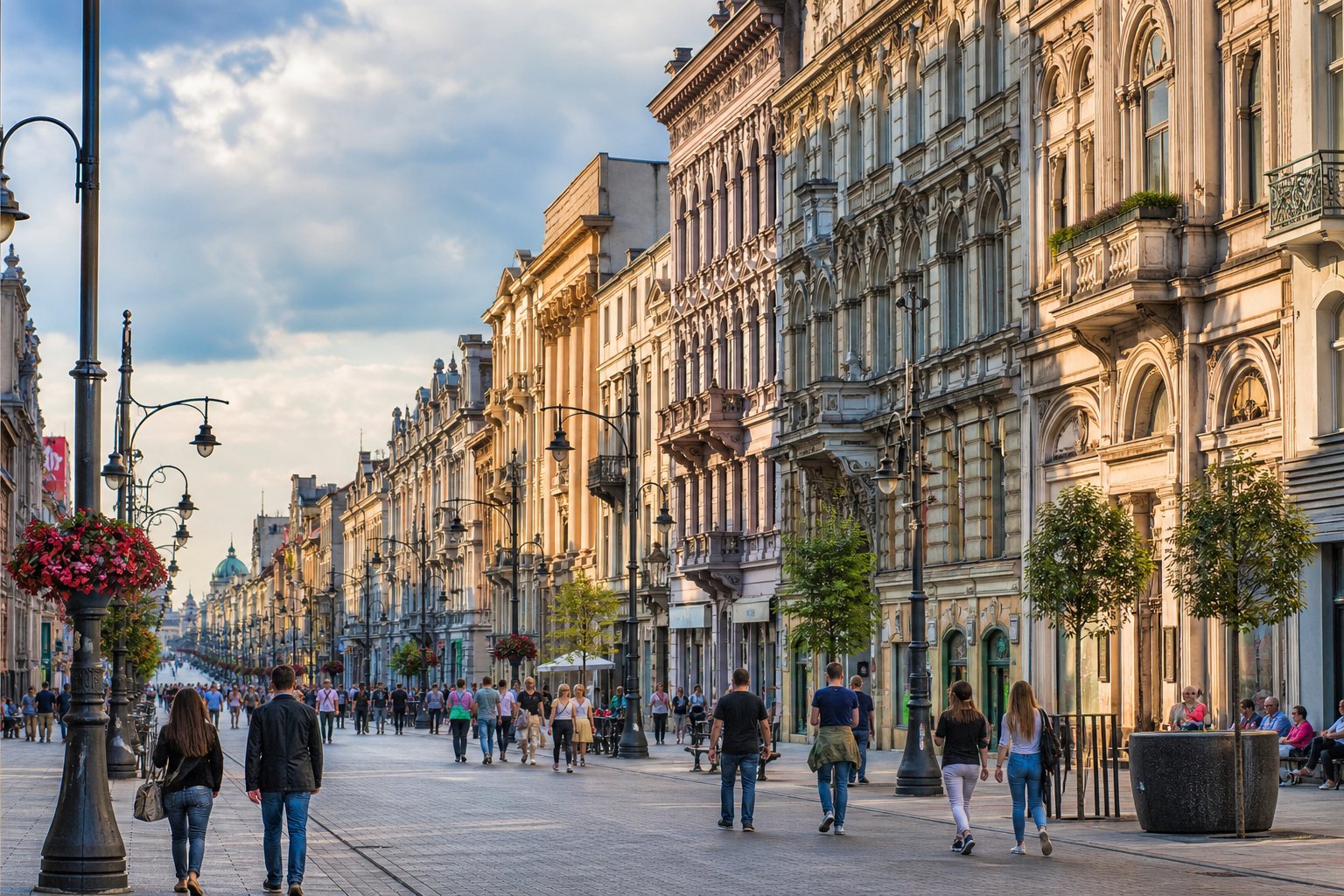 Ulica Piotrkowska w Łodzi z pierzeją zabytkowych kamienic