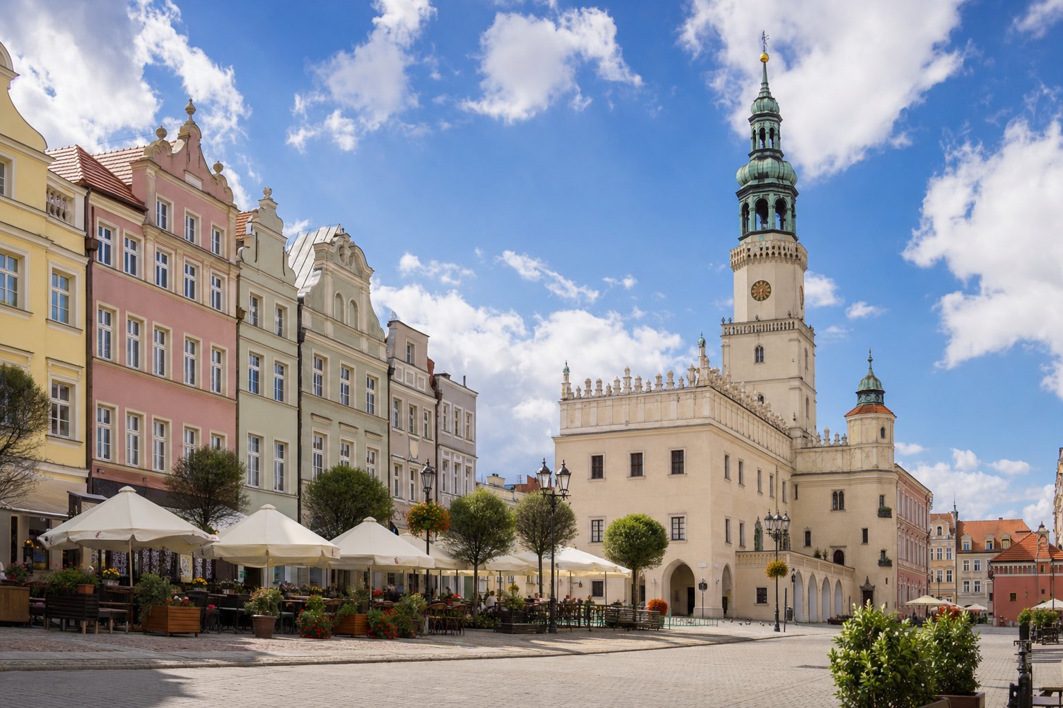 Rynek w Opolu z wieżą ratusza i kolorowymi kamienicami